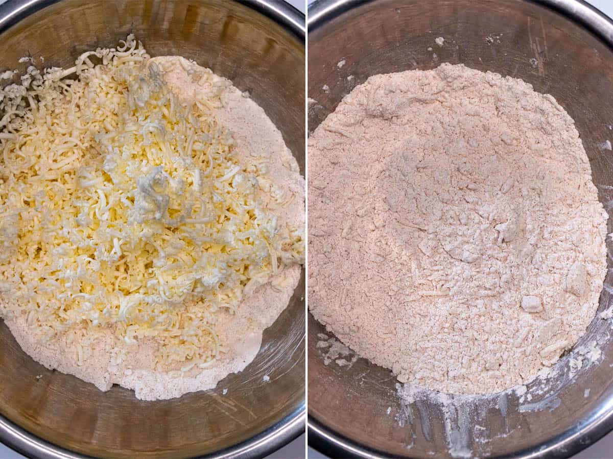 Grating frozen butter into pumpkin scone dry ingredients and mixing it in.