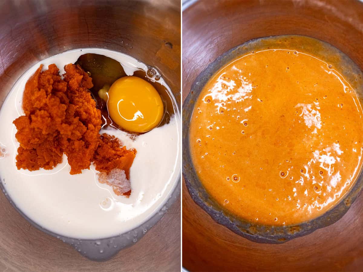 Before and after mixing wet ingredients together for pumpkin scones.
