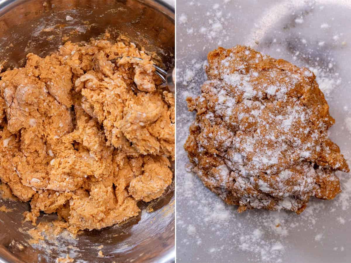Mixing wet and dry scone ingredients together, then dumping it onto a floured surface.