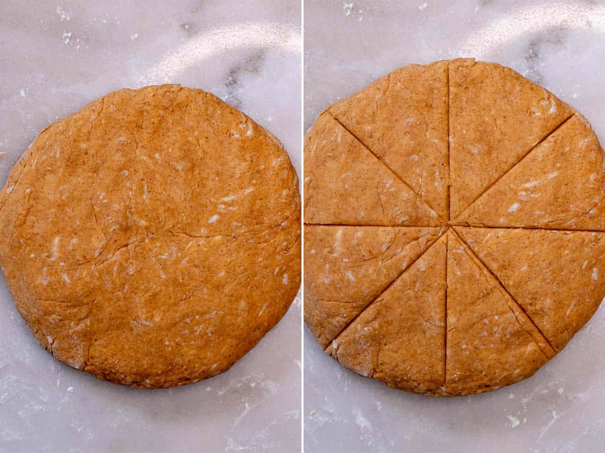 Pressing scone dough into an 8-inch disc, then cutting into 8 triangles.