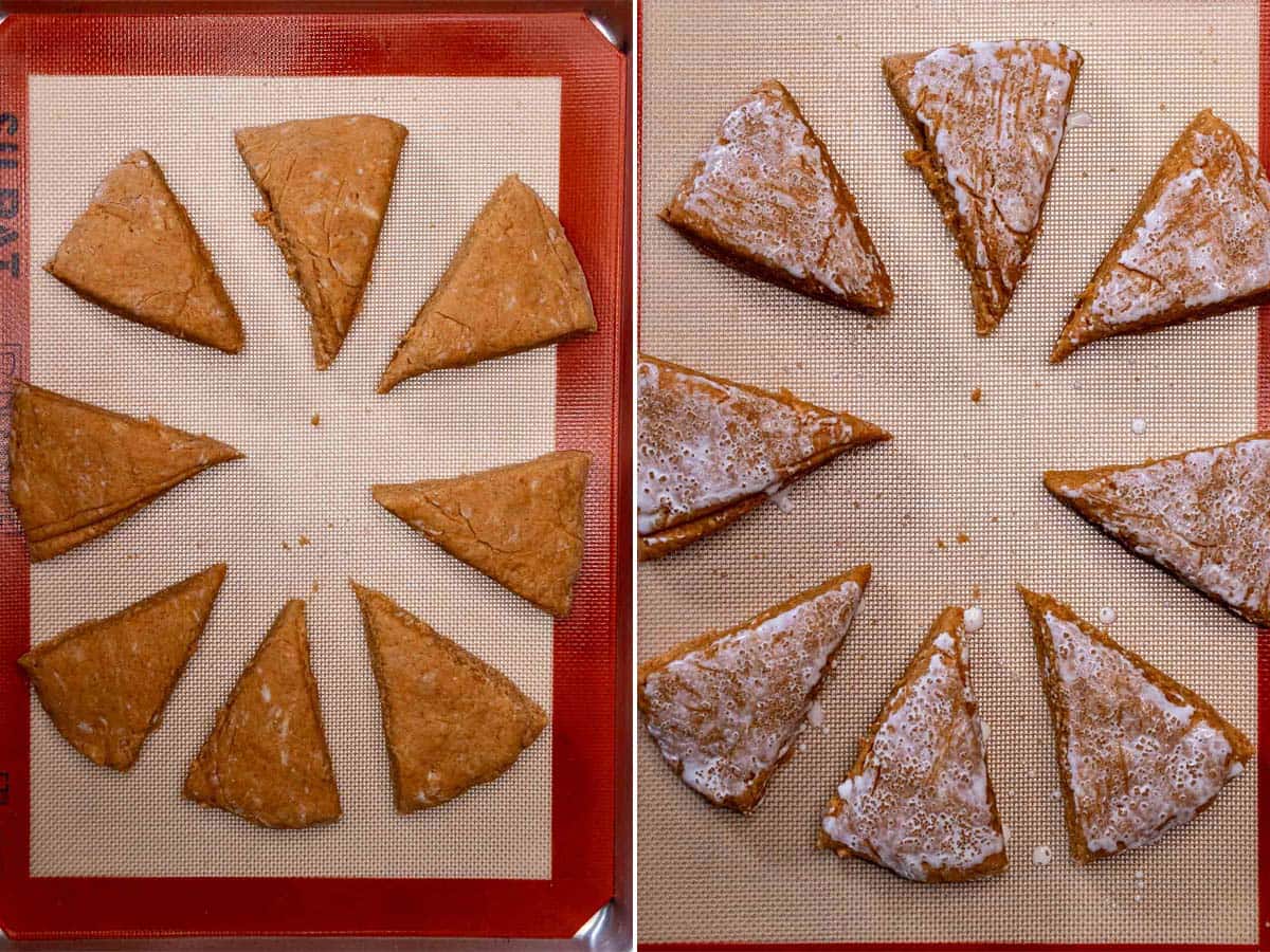 Transferring cut scones to a baking sheet and brushing with cream and sprinkling on coarse sugar.