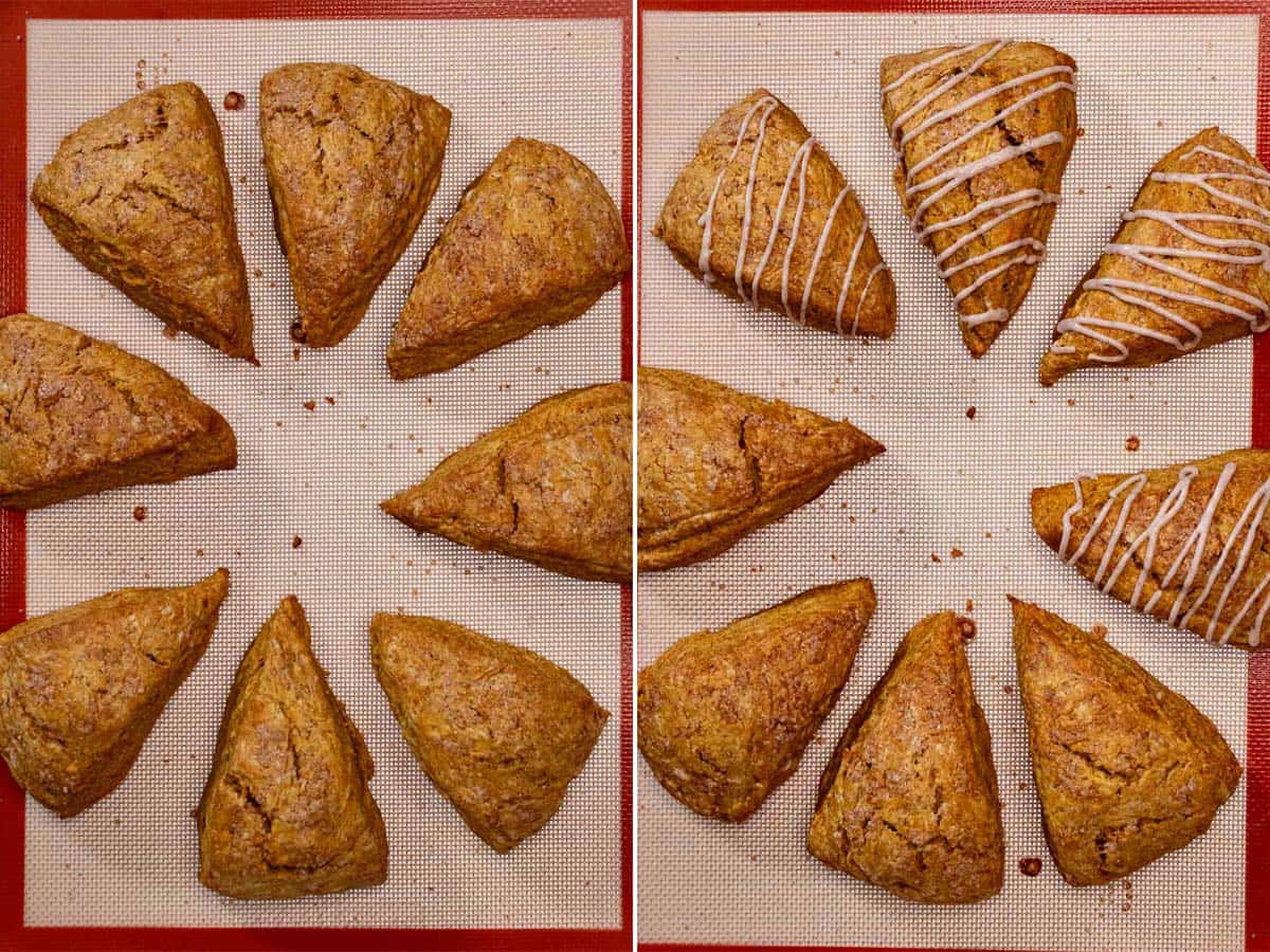 After baking and drizzling pumpkin scones with maple icing.