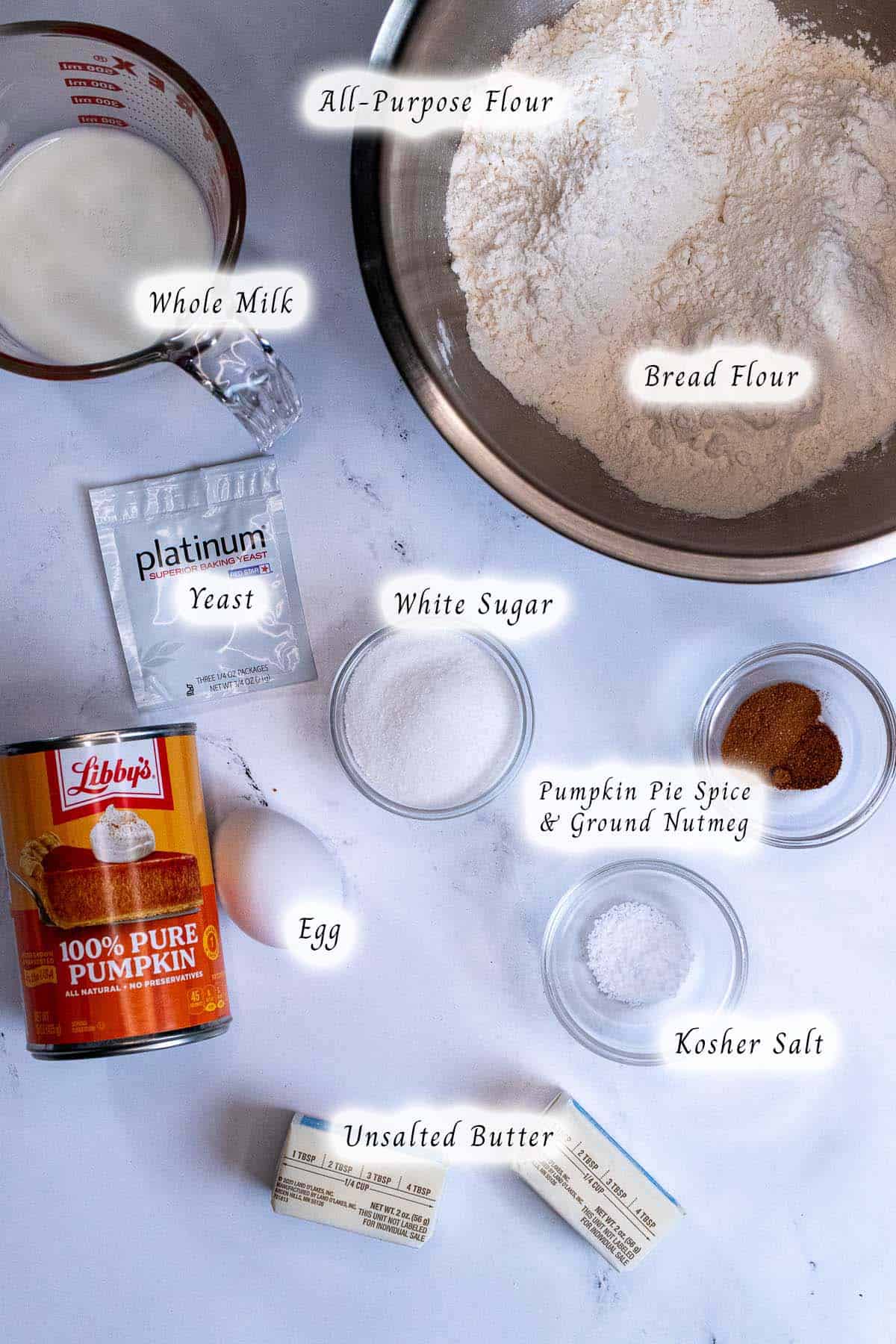 Ingredients for pumpkin cinnamon roll dough.