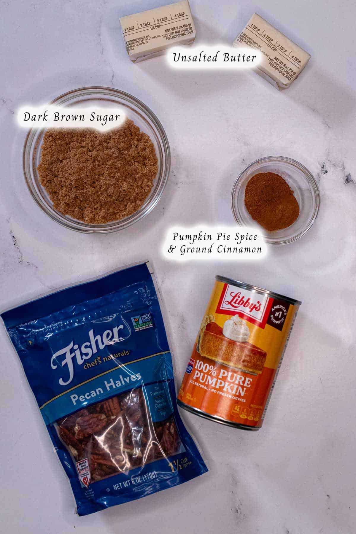 Ingredients for pumpkin pecan cinnamon roll filling.